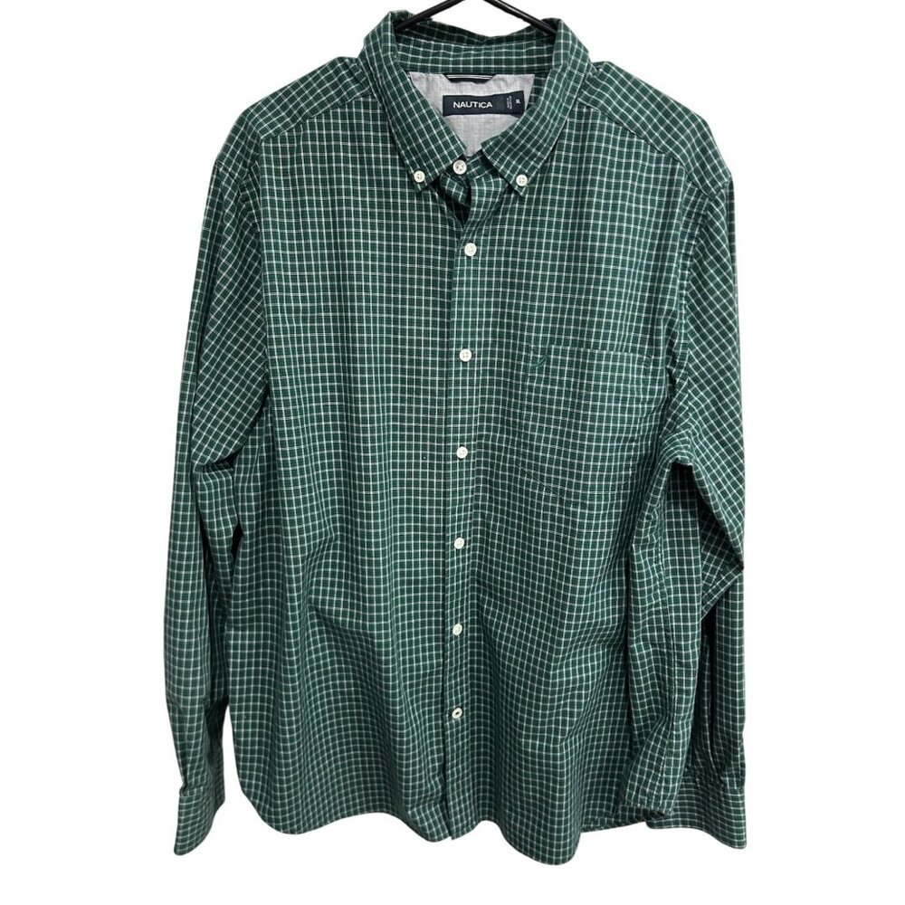 Nautica Mens Green Plaid Button-Up Shirt Long Sleeve Cotton Sz XL